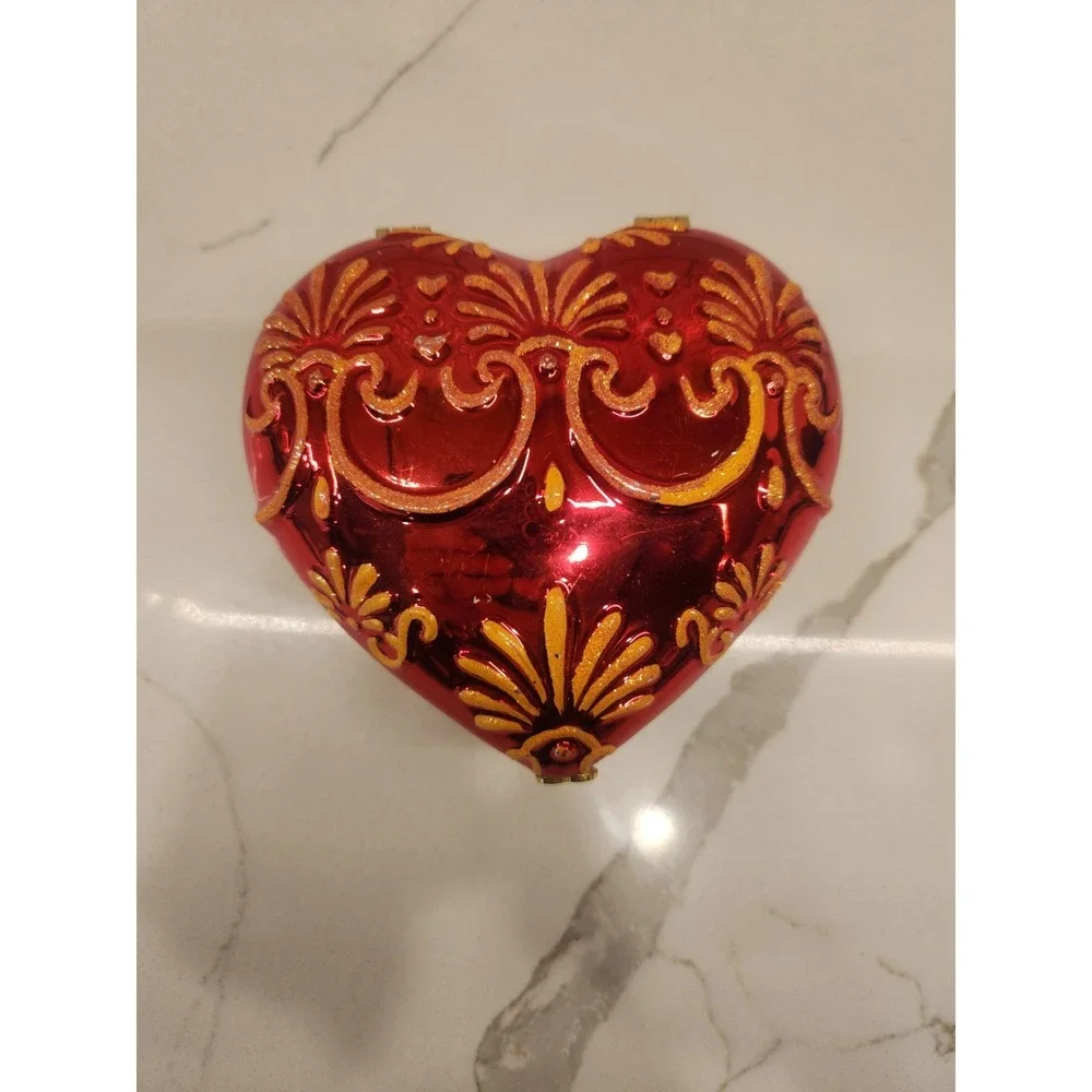 Vintage Christopher Radko Red Gold Glitter‎ Heart Hinged Trinket Box Jewelry Box